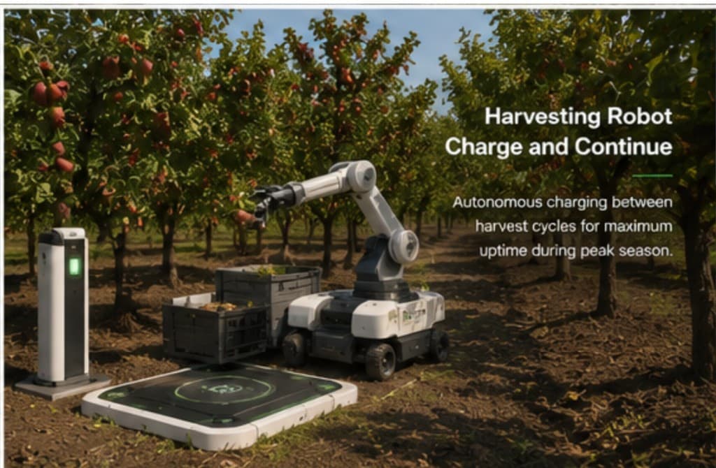Harvesting robot with SiCore charging dock operating in an orchard