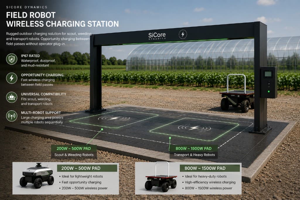 SiCore field robot wireless charging station with multi-power outdoor pads
