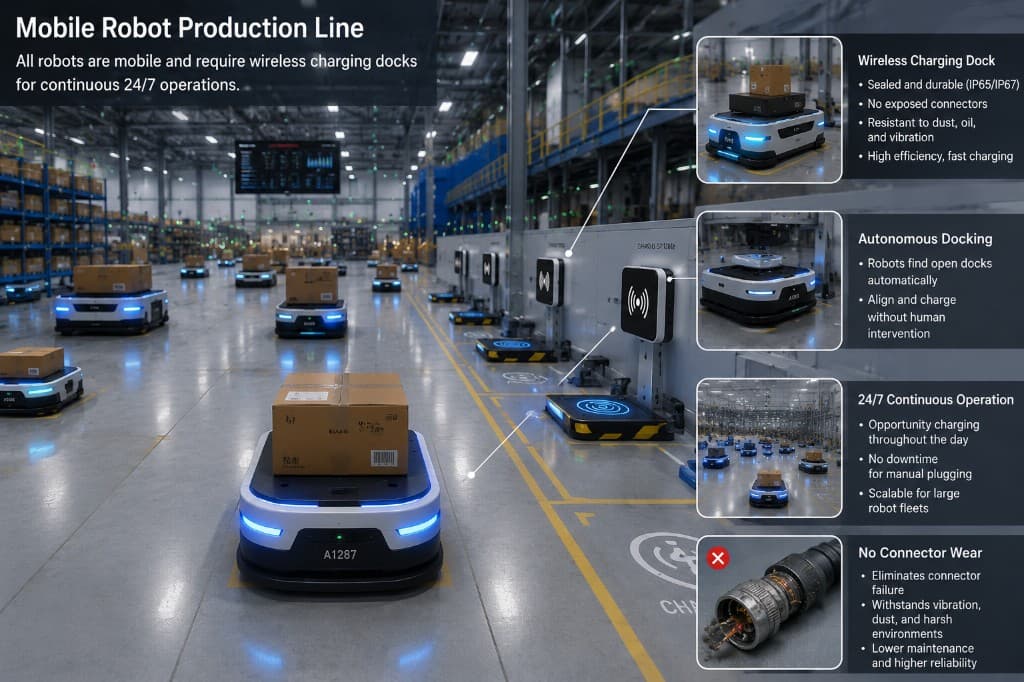 Mobile robot production line with wireless charging docks for continuous operation