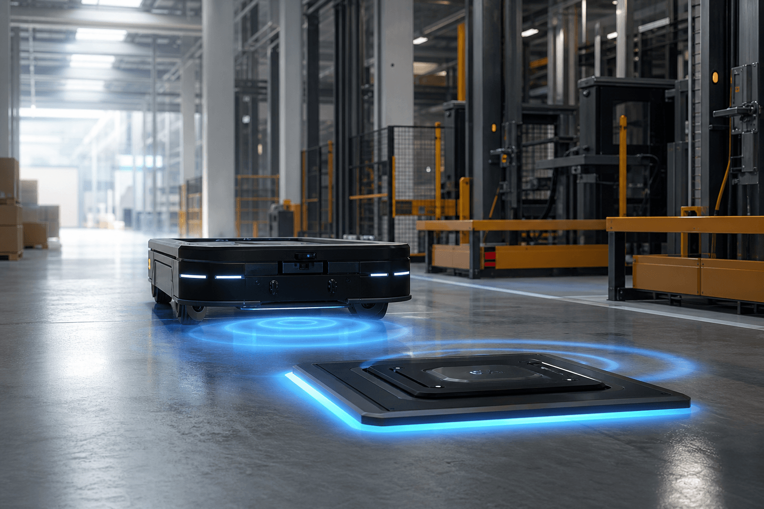 SiCore Dynamics plug-free wireless charging — AMR docking over an industrial floor charging pad