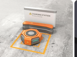 Hexagonal robot docking at a marked outdoor charging station