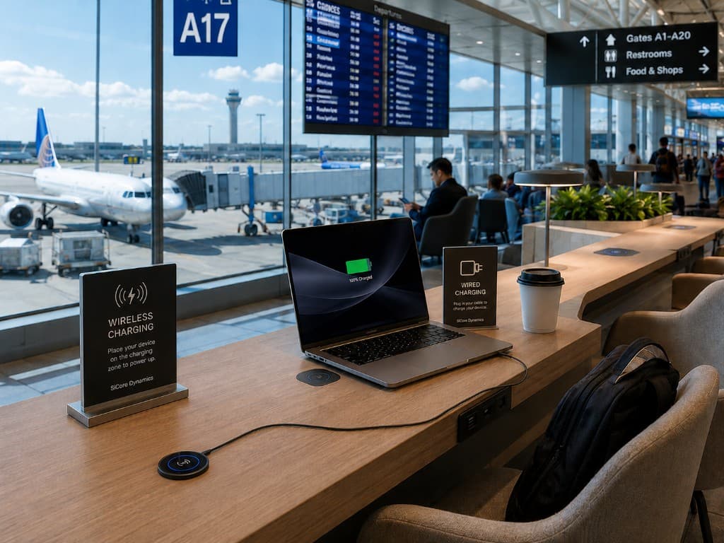 Airport lounge desk with embedded wireless charging pads for phones and laptops