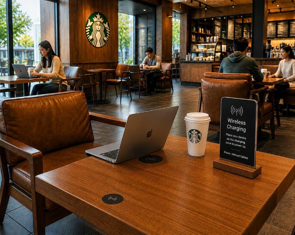 Cafe dining table with embedded wireless charging pad