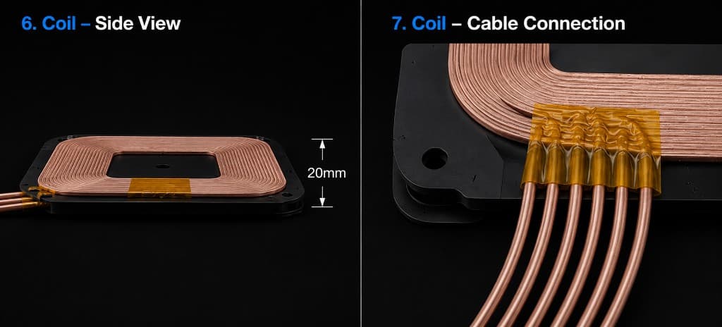 1500W coil side view and cable connection detail