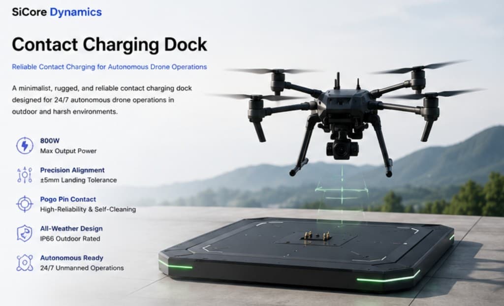 Autonomous drone hovering above a SiCore contact charging dock