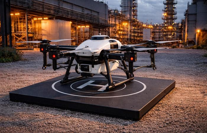 Industrial inspection drone on a SiCore wireless charging pad