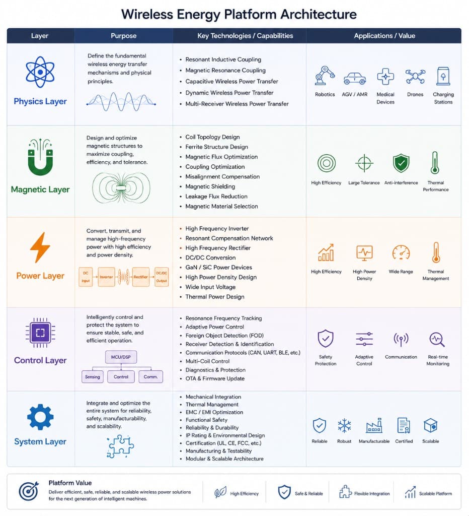 Wireless Energy Platform Architecture: five layers covering physics, magnetic, power, control, and system design
