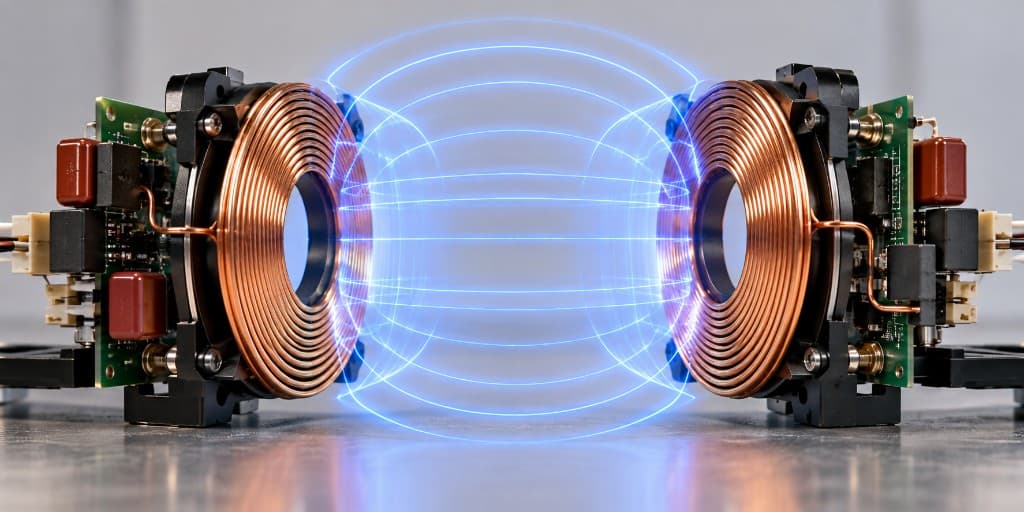 Two copper wireless charging coils with a magnetic field between them