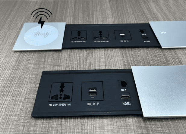Desk power panel with wireless charging, USB, HDMI, and network ports