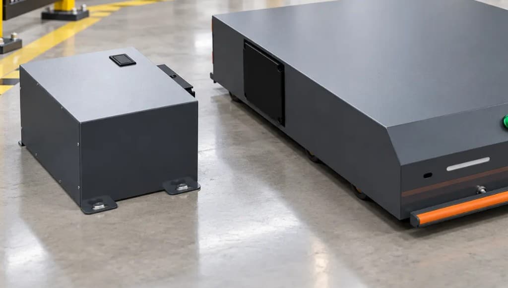 Docking charger beside an autonomous mobile robot