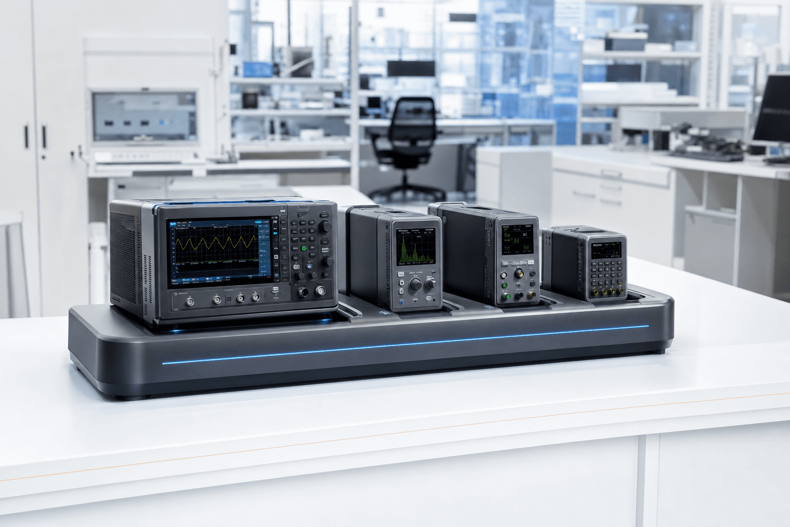 Cable-free laboratory workspace with smart test equipment charging dock