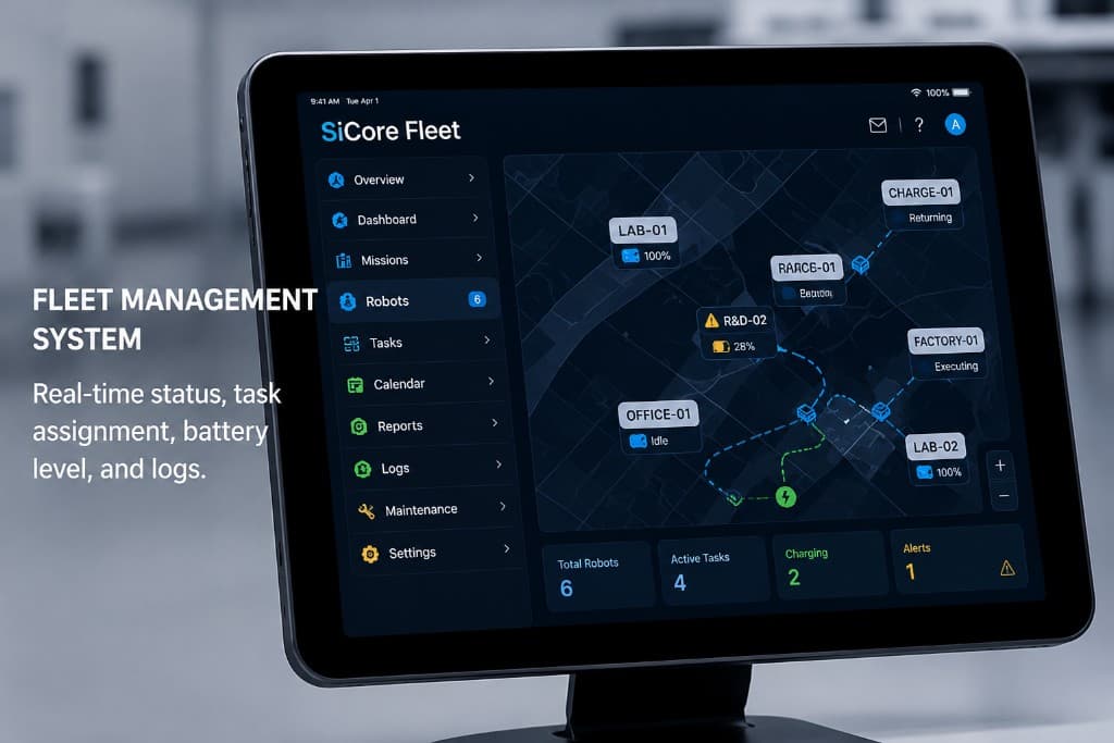 SiCore Fleet Management dashboard showing real-time robot locations, battery levels, and task status