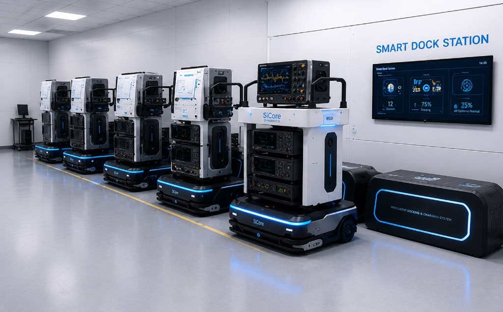SiCore Smart Equipment fleet lined up at a smart dock station with charging dashboard