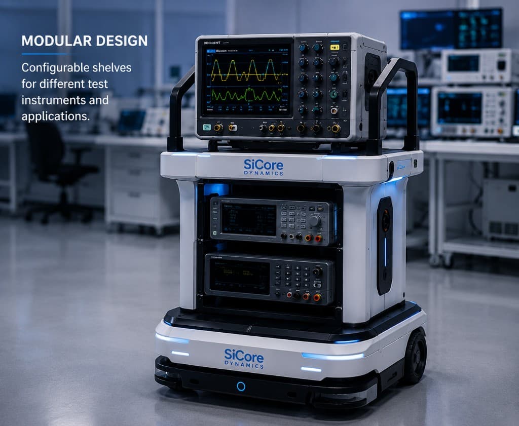 SiCore Smart Equipment Robot with modular shelves carrying oscilloscope and test instruments