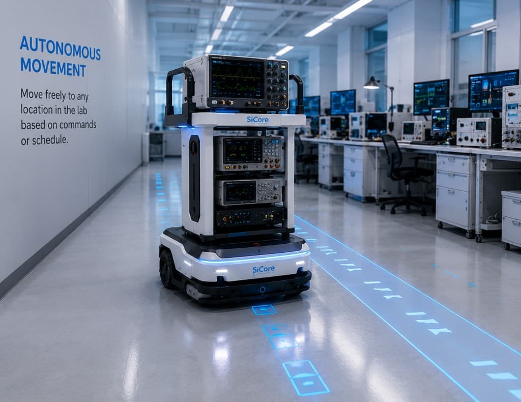 SiCore Smart Equipment Robot navigating a laboratory path with autonomous movement guidance