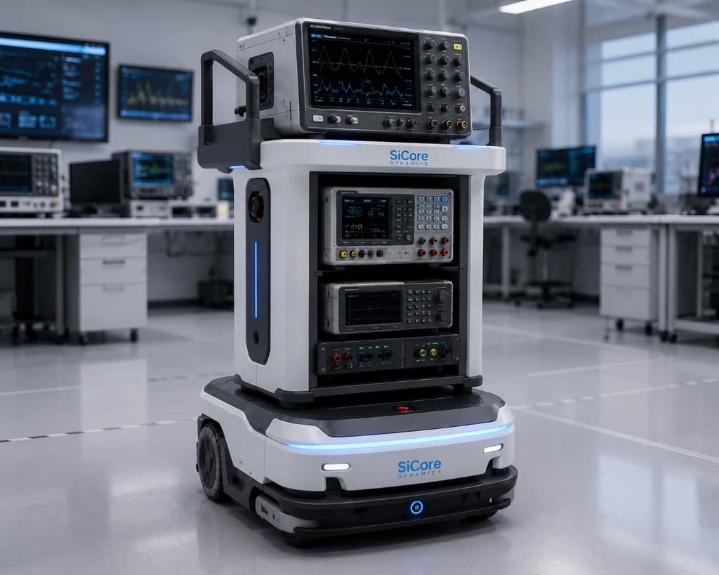 SiCore Smart Equipment Robot carrying laboratory test instruments on an autonomous mobile base