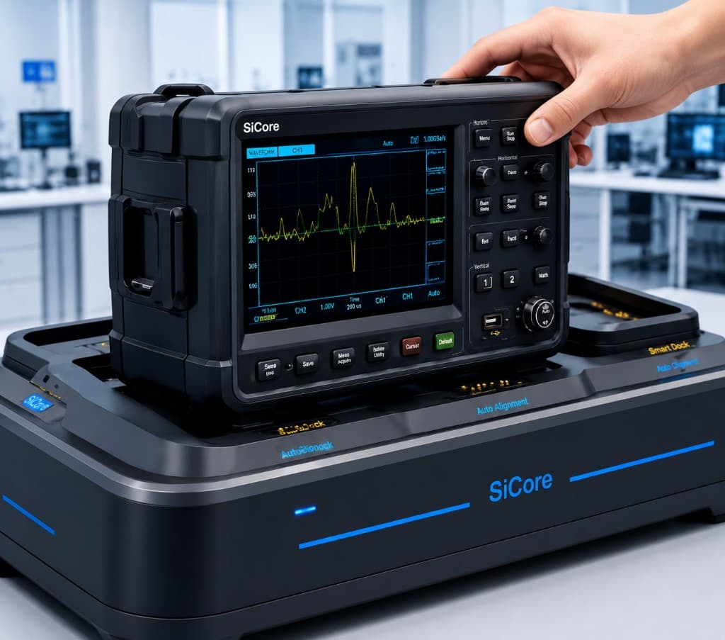 Engineer lifting a SiCore oscilloscope from a smart dock for immediate use
