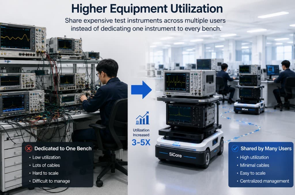 Comparison of dedicated bench instruments versus shared SiCore mobile test equipment for higher utilization
